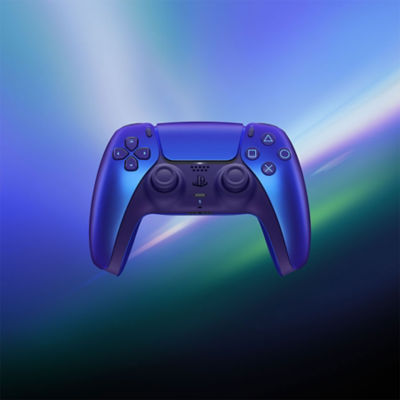 Een Chroma Indigo DualSense draadloze controller, verticaal geplaatst, vooraanzicht
