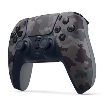 Une manette sans fil DualSense Grey Camouflage, à la verticale et sous un léger angle