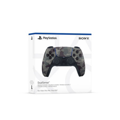 Emballage blanc présentant une manette sans fil DualSense Grey Camouflage