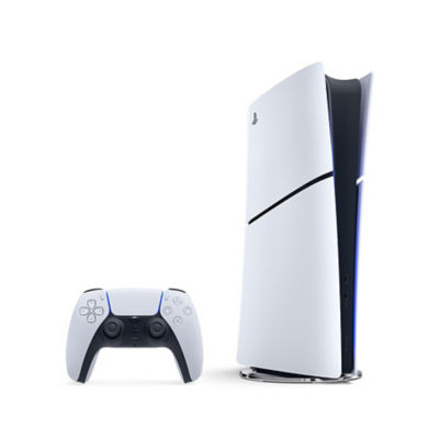 A white PS5 Digital Edition console standing vertically at a slight angle with a white DualSense wireless controller