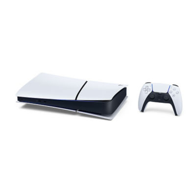 A white PS5 Digital Edition console standing horizontally with a white DualSense wireless controller