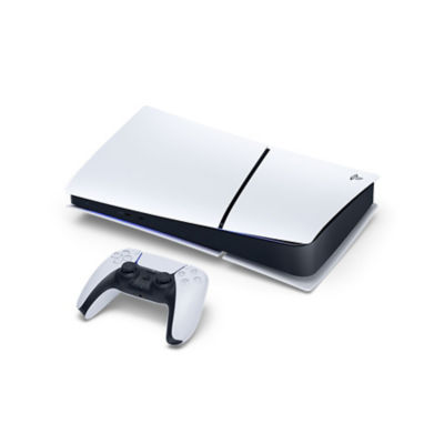 A white PS5 Digital Edition console standing horizontally with a white DualSense wireless controller