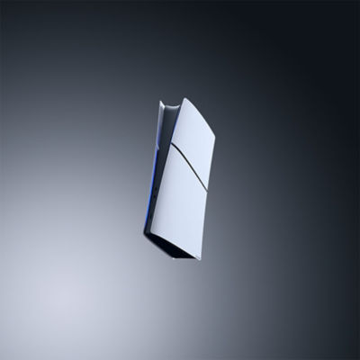 A white PS5 Digital Edition console standing vertically at a slight angle, showing the front console cover