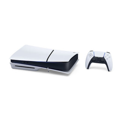 Una console PS5 bianca posizionata in orizzontale con un controller wireless DualSense bianco