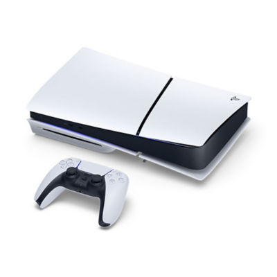 Una console PS5 bianca posizionata in orizzontale con un controller wireless DualSense bianco