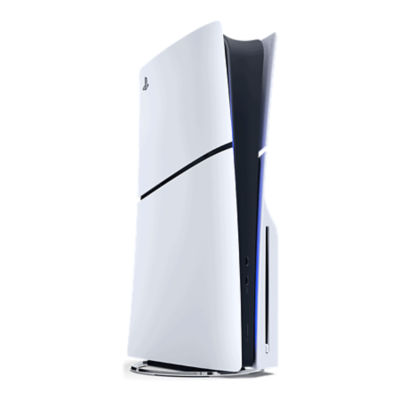 A white PS5 console standing vertically, front-on
