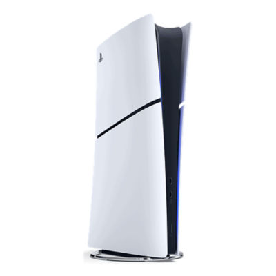 Consola PS5 blanca en vertical, de frente