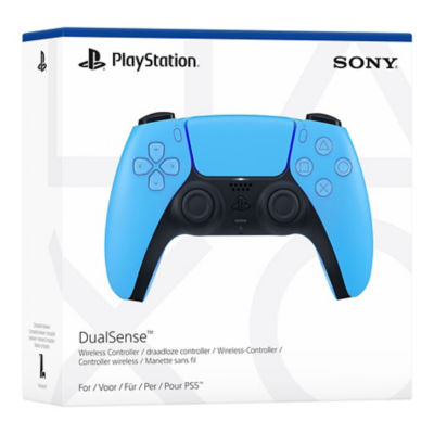Weiße Kartonverpackung, auf der ein DualSense Wireless-Controller in Starlight Blue zu sehen ist.