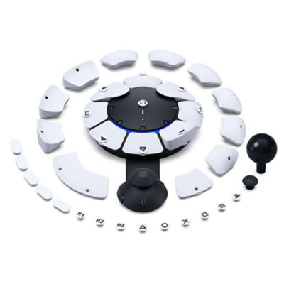 A top-down view of an Access Controller showing all extra button caps and stick caps