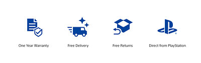 Icons for one year warranty, free delivery, free returns, direct from playstation 