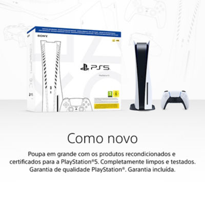 alt="Como novo. Poupa em grande e joga com os produtos recondicionados e certificados para a PlayStation®5. Tudo completamente limpo, testado e pronto para ser recebido num novo lar. Qualidade PlayStation® 100% garantida. Garantia incluída. Compra. Poupa. Joga."