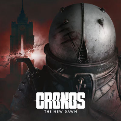 La carátula de "Cronos: The New Dawn" muestra el primer plano de un soldado con un traje pesado y un gran casco esférico con marcas de garras ensangrentadas. Al fondo se ve una gran torre oscura en un cielo rojo y brumoso.
