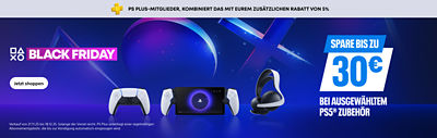 PlayStation Black Friday Banner mit dem Text „PS Plus-Mitglieder, kombiniert das mit eurem zusätzlichen Rabatt von 5 %“. Zeigt DualSense-Controller, PlayStation Portal und Pulse 3D-Headset auf blau-violettem Hintergrund. Text: „Spare bis zu 30 € bei ausgewähltem PS5 Zubehör.“