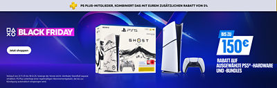PlayStation Black Friday Banner mit Text „PS Plus-Mitglieder, kombiniert das mit eurem zusätzlichen Rabatt von 5 %“. Zeigt PS5-Konsole, DualSense-Controller und das „Ghost of Yōtei“ Limited Edition-Bundle. Text: „Bis zu 150 € Rabatt auf ausgewählte PS5 Hardware und Bundles.“
