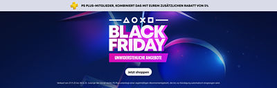 Werbebanner von PlayStation Black Friday mit Text “Spare bei Konsolen, Zubehör und Spielen.” Rechts sind eine PS5-Verpackung, ein DualSense-Controller in Grün und das Spiel Gran Turismo 7 zu sehen.