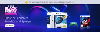 Werbebanner von PlayStation Black Friday mit Text “Spare bei Konsolen, Zubehör und Spielen.” Rechts sind eine PS5-Verpackung, ein DualSense-Controller in Grün und das Spiel Gran Turismo 7 zu sehen.