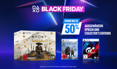 PlayStation Black Friday Banner mit dem Text „Spare bis zu 50 % auf ausgewählten Spielen und Collector’s Editions“. Zeigt die PS5-Spiele Ghost of Yōtei Collector’s Edition, God of War Ragnarök und Gran Turismo 7 auf einem blauen Hintergrund mit PlayStation-Symbolen.