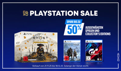 Blauer Banner mit weißem Text „PlayStation Sale“. Rechts steht „Spare bis zu 50% auf ausgewählten Spielen und Collector’s Editions“. Abgebildet sind drei PS5®-Spiele: Ghost of Yotei Collector’s Edition, God of War Ragnarök und Gran Turismo 7. Unten steht „Verkauf von 21.11.25 bis 18.12.25. Solange der Vorrat reicht.“