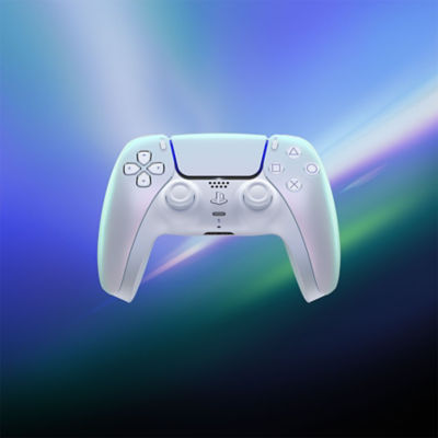 Een Chroma Pearl DualSense draadloze controller, verticaal geplaatst, omgeven door heldere glinsterende kleuren