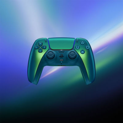 DualSense Wireless-Controller in Chroma Teal, senkrecht stehend und umgeben von hell schimmernden Farben