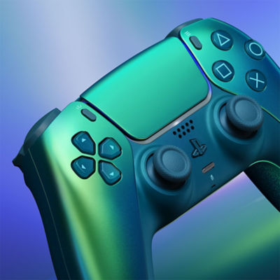 Nahaufnahme des DualSense Wireless-Controllers in Chroma Teal, umgeben von hell schimmernden Farben