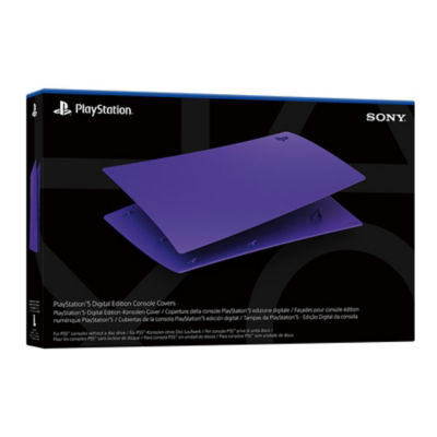 Consola PS5 edição digital com tampas Galactic Purple ao lado de um comando sem fios DualSense Galactic Purple