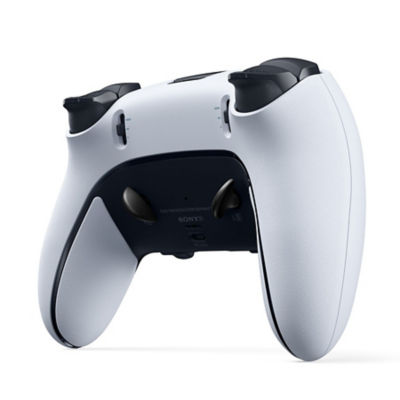 Vue arrière d'une manette sans fil DualSense Edge blanche, à la verticale et sous un léger angle