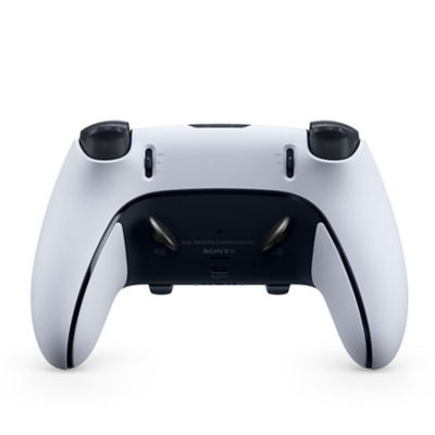 Vue arrière d'une manette sans fil DualSense Edge blanche à la verticale