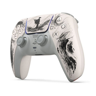 A DualSense wireless controller standing vertically at a slight angle