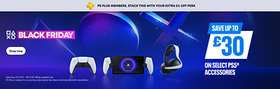Promotional banner for PlayStation Sale showing PS5 accessories including DualSense™ wireless controllers, PlayStation Portal™ remote player, and Pulse 3D™ headset. Text reads “PlayStation Sale. Unmissable deals. Save up to £30 on select PS5® accessories.” Banner also includes “PS Plus members, stack this with your extra 5% off perk.”