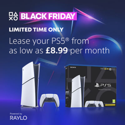 Square PlayStation Black Friday promotional image featuring text: “Black Friday – Limited Time Only. Lease your PS5 from as low as £8.99 per month.” Includes PS5 console, DualSense controller, and packaging on a blue and purple background with glowing PlayStation symbols and the Raylo logo.