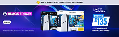 PlayStation Black Friday banner with the text “PS Plus members, stack this with your extra 5% off perk.” Features two PS5 Fortnite Flowering Chaos bundles with consoles and DualSense controllers. Text reads “Limited time only – Save up to £135 on PS5 console Fortnite Flowering Chaos bundles.”