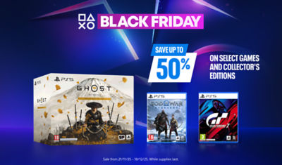 PlayStation Black Friday banner with text “Save up to 50% on select games and collector’s editions.” Shows PS5 titles Ghost of Yōtei Collector’s Edition, God of War Ragnarök, and Gran Turismo 7 against a dark blue background with PlayStation icons.