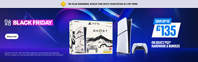 PlayStation Black Friday banner with text “PS Plus members, stack this with your extra 5% off perk.” Features PS5 console, DualSense controller, and Ghost of Yōtei Limited Edition bundle box. Text reads “Save up to £135 on select PS5 hardware & bundles.”