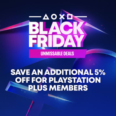 PlayStation Black Friday promotional graphic with neon purple and blue gradient background. Text reads “BLACK FRIDAY — Unmissable Deals. Save an additional 5% off for PlayStation Plus members,” with PlayStation symbols (triangle, circle, cross, square) above the title.