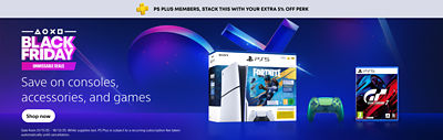 PlayStation Black Friday promotional banner with headline “Save on consoles, accessories, and games.” Shows a PS5 console box, a DualSense controller, and a Gran Turismo 7 game case on a blue and purple gradient background, with a “Shop now” button.