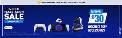 Promotional banner for PlayStation Sale showing PS5 accessories including DualSense™ wireless controllers, PlayStation Portal™ remote player, and Pulse 3D™ headset. Text reads “PlayStation Sale. Unmissable deals. Save up to £30 on select PS5® accessories.” Banner also includes “PS Plus members, stack this with your extra 5% off perk.”