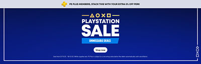 Wide PlayStation Sale banner with text “PlayStation Sale. Unmissable deals.” and “Shop now.” on a dark blue background with PlayStation symbols. Includes PS Plus member perk note “Stack this with your extra 5% off.”