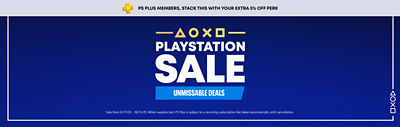 Wide PlayStation Sale banner with text “PlayStation Sale. Unmissable deals.” and “Shop now.” on a dark blue background with PlayStation symbols. Includes PS Plus member perk note “Stack this with your extra 5% off.”