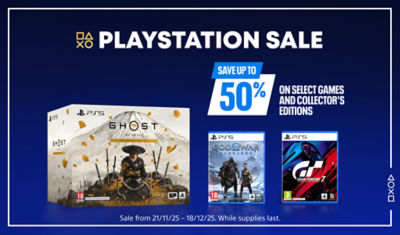 Promotional graphic for PlayStation Sale showing Ghost of Yotei, God of War Ragnarök, and Gran Turismo 7 PS5® game boxes. Text reads “PlayStation Sale. Save up to 50% on select games and collector’s editions.”