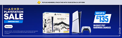 PlayStation Sale banner with a dark blue background and white text reading “PlayStation Sale – Unmissable Deals.” A grey bar across the top states, “PS Plus members, stack this with your extra 5% off perk.” On the right, a white box shows text reading “Save up to £135 on select PS5 hardware & bundles.” Below, a PlayStation 5 console and controller are displayed alongside the Ghost of Yotei Limited Edition PS5 bundle. A “Shop now” button appears on the left, with fine print below indicating the sale dates “21/11/25 – 18/12/25.”