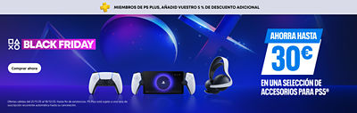 Banner azul con texto blanco “Rebajas PlayStation – Ofertas imprescindibles.” En la parte superior, una franja gris indica “Miembros de PS Plus, añadid vuestro 5% de descuento adicional.” A la derecha, texto “Ahorra hasta 30€” seguido de “en una selección de accesorios para PS5®.” Imagen de un mando DualSense, una pantalla portátil PlayStation Portal, unos auriculares PS5® y el logo de PS Plus. Botón blanco a la izquierda que dice “Comprar ahora.”