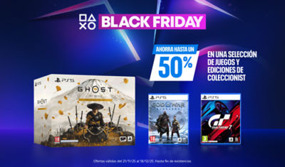 Banner promocional de PlayStation Black Friday con el texto “Ahorra hasta un 50 % en una selección de juegos y ediciones de coleccionista.” Muestra los juegos de PS5 Ghost of Yōtei Collector’s Edition, God of War Ragnarök y Gran Turismo 7 sobre un fondo azul con formas de PlayStation.