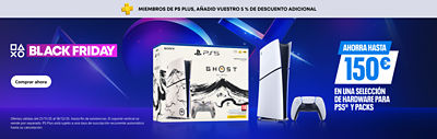 Banner promocional de PlayStation Black Friday con el texto “Miembros de PS Plus, añadid vuestro 5 % de descuento adicional.” Muestra la consola PS5, el mando DualSense y la edición limitada Ghost of Yōtei. Texto principal: “Ahorra hasta 150 € en una selección de hardware para PS5 y packs.”