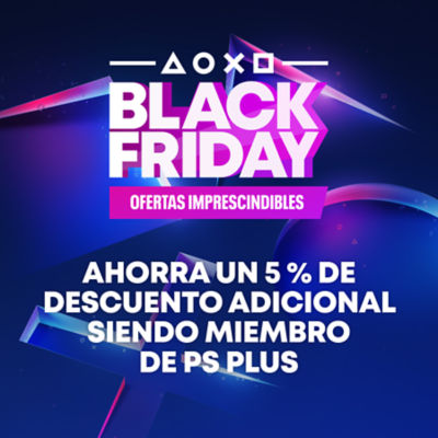 Gráfico promocional de PlayStation Black Friday con fondo azul y violeta. Texto: “BLACK FRIDAY — Ofertas imprescindibles. Ahorra un 5 % de descuento adicional siendo miembro de PS Plus.” Símbolos de PlayStation en la parte superior.
