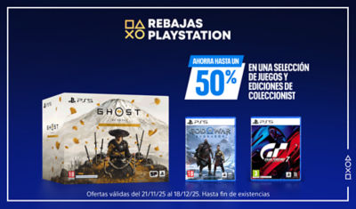 Banner azul con texto blanco “Rebajas PlayStation”. A la derecha, texto “Ahorra hasta un 50% en una selección de juegos y ediciones de coleccionista”. Se muestran tres juegos de PS5®: Ghost of Yotei Collector’s Edition, God of War Ragnarök y Gran Turismo 7. En la parte inferior se lee “Ofertas válidas del 21/11/25 al 18/12/25. Hasta fin de existencias.”