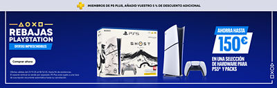 Banner azul con texto blanco “Rebajas PlayStation – Ofertas imprescindibles.” En la parte superior, una franja gris dice “Miembros de PS Plus, añadid vuestro 5% de descuento adicional.” A la derecha, texto “Ahorra hasta 150€ en una selección de hardware para PS5® y packs.” Imagen de una consola PS5® con el pack Ghost of Yotei y un mando DualSense. Botón blanco a la izquierda que dice “Comprar ahora.”
