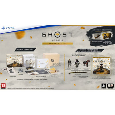 Le contenu de la boîte de l'édition Collector de Ghost of Yōtei, avec les objets physiques, les objets numériques et le contenu bonus de précommande