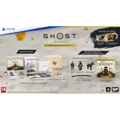 Contenuto della confezione dell’edizione da collezione di Ghost of Yōtei che comprende oggetti fisici, oggetti digitali e bonus del pre-ordine