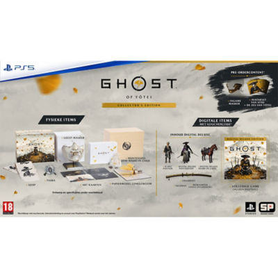Inhoud van de Ghost of Yōtei Collector's Edition, met fysieke items, digitale items en pre-orderbonussen